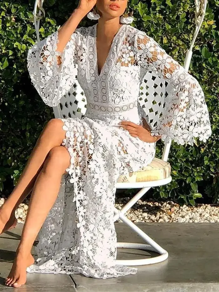 

Women Dresses Lace Dress Flare Sleeve V-neck Hollow Out 2024 New Long Sleeve White Oversize Sexy Long Dresses Party Evening