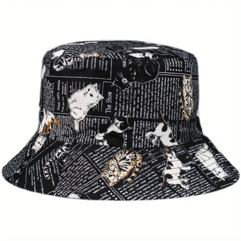 

Newspapers Cat Print Bucket Hats Reversible Breathable Sun Protection Fisherman Hat For Men Women Summer Sports Hiking Bob Cap