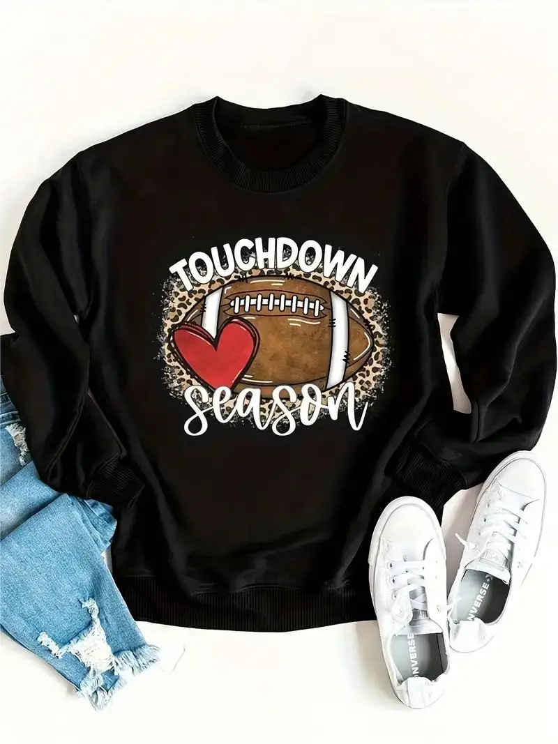 Football Season Print Sweatshirt for Women, Long Sleeve Crew Neck Casual Pullover Clothing