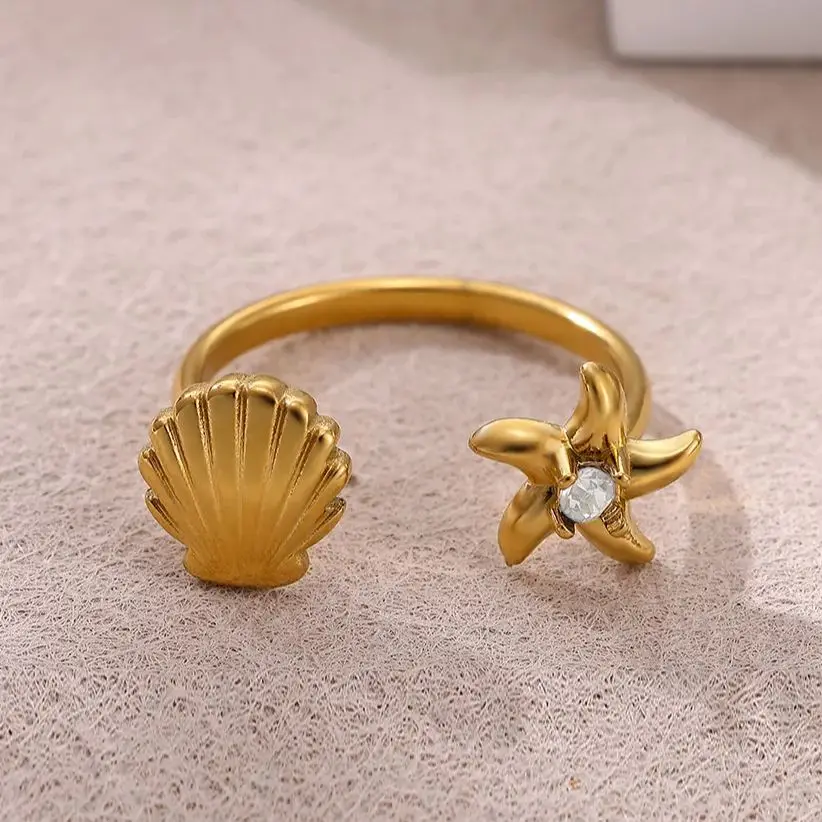 Zircon Shell Starfish Rings for Women Gold Color Stainless Steel