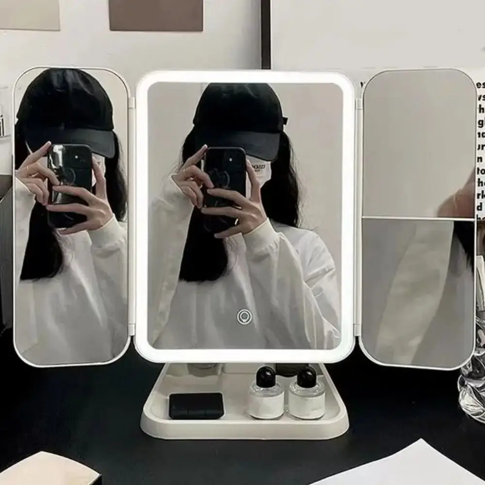 3X/2X/1X Magnifications Cosmetic Mirror Touch Sensor Switch 3 Panels Smart Mirror Folding 180° Adjustable Rotation Vanity Mirror