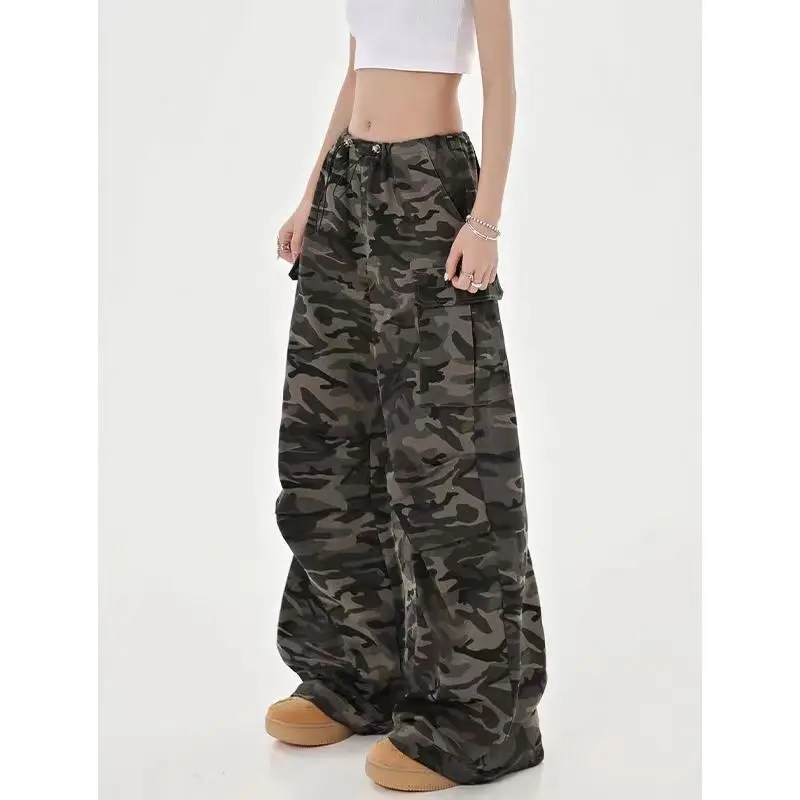 Deeptown Camouflage Cargo Pants for Women High Street Vintage Baggy Jeans Hippie High Waist Gyaru Straight Denim Trousers Korean