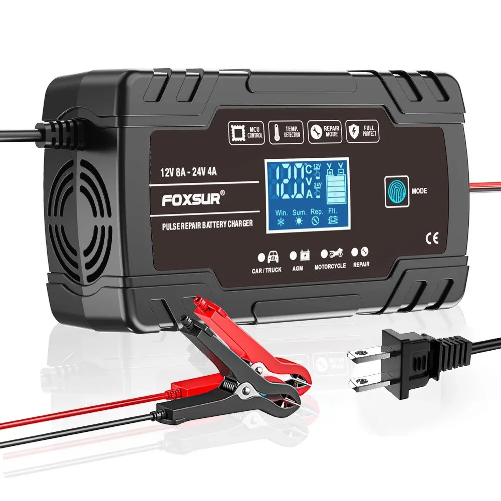 배터리 충전기 8A-12V 및 24V 자동차 트리클 충전기 배터리 유지기 자동차 트럭 오토바이용 LCD 디스플레이 GEL 납산 배터리용
