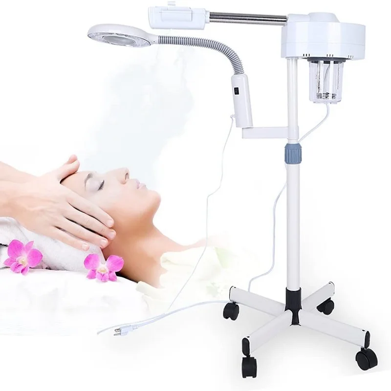 2 in 1 Facial Steamer Ionic Ozone Facial Steamer on Wheels with 5X Magnifying Lamp Hot Mist for Skin Care and Deep Cleaning