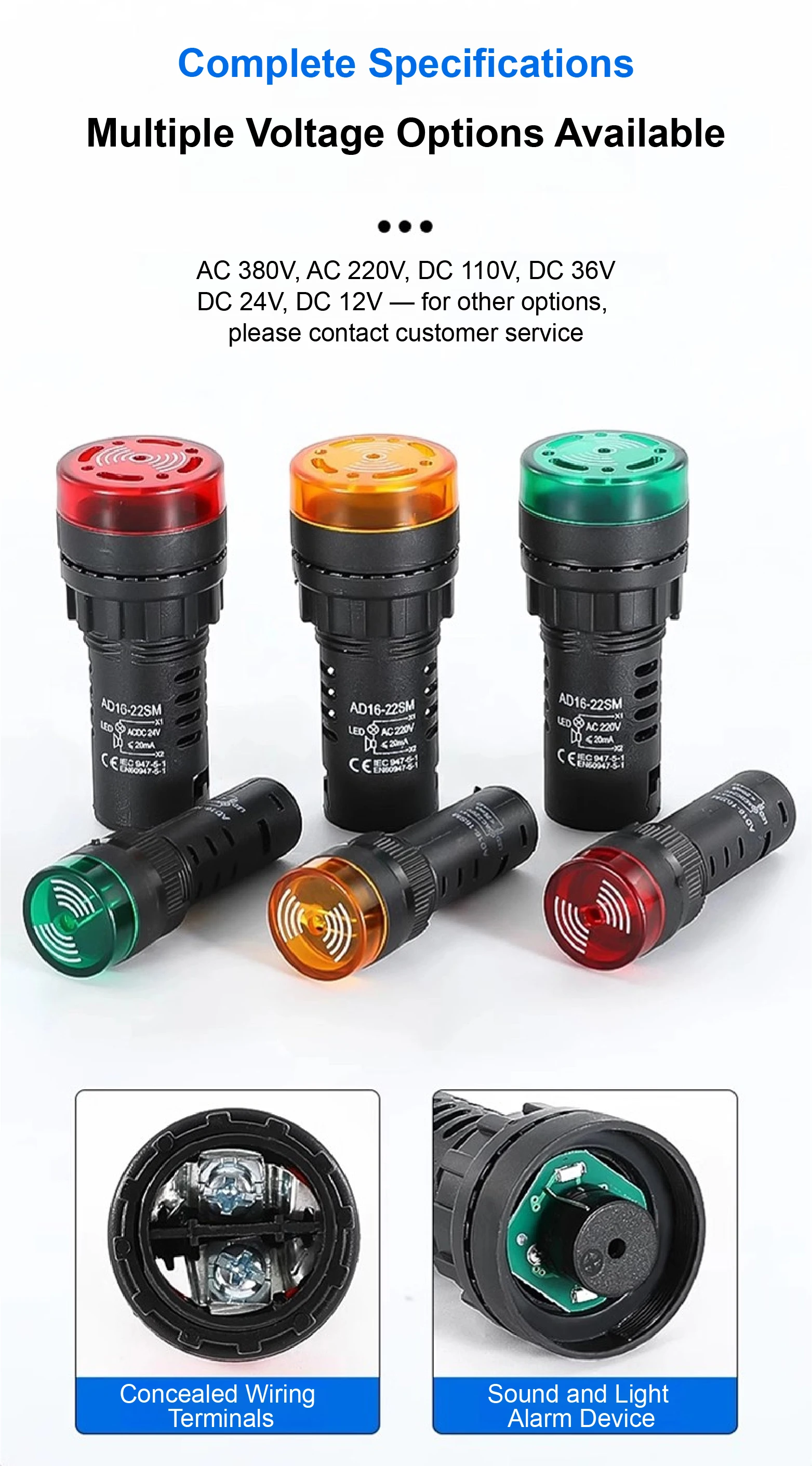 AD16-22SM 22mm LED Indicator Light with Buzzer Alarm, AC/DC 12V 24V 110V 220V, F
