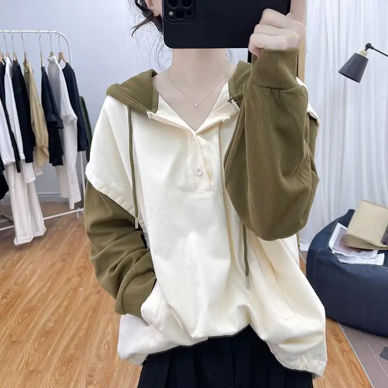 Spring Autumn Contrast Color Fashion Long Sleeve Hoodies Women High Street Button Drawstring Pullovers Elegant All-match Tops