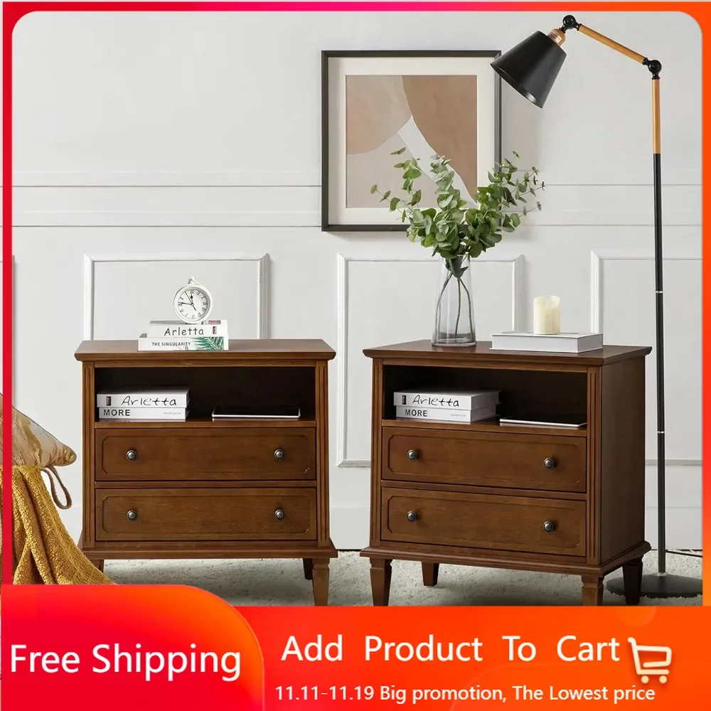 Farmhouse Nightstand with Charging Station , End Table with USB Ports & Outlets, Fluted Pilasters Design Bedside Table