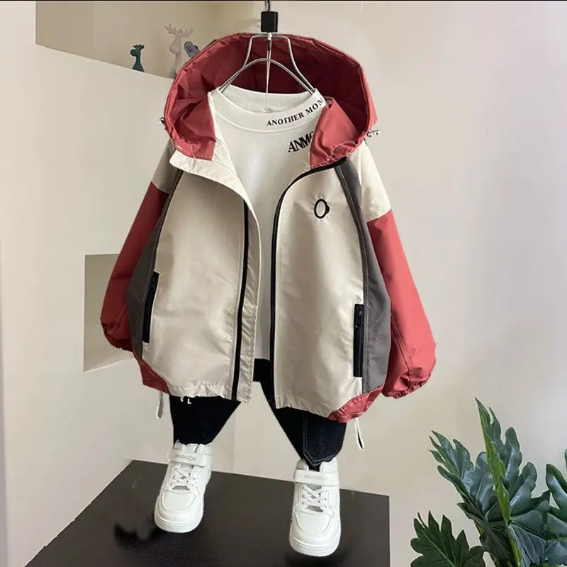 Children Coats Boys Spring Autumn 2023 New Fashion Zipper Patchwork Hooded Full Sleeves Jackets Korean Handsome Trench Outerwear