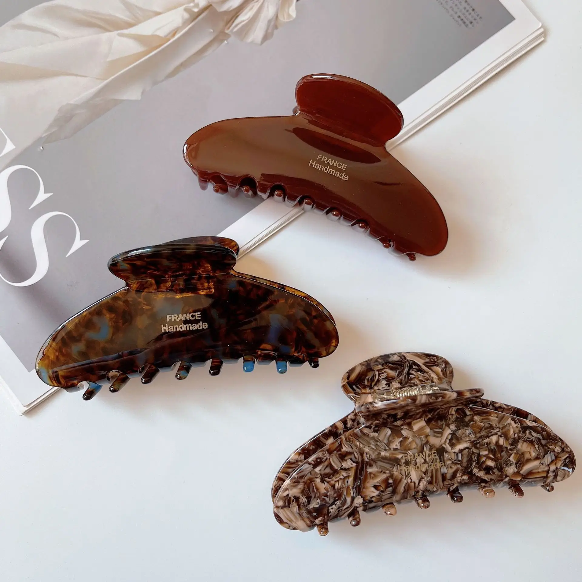 고급 아세트산 상어 클립, 커브드 10.5cm 대형 글자 헤어 클립 클로, 심플한 레트로, 한국 패션, 헤어 액세서리, 신제품