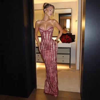 Chic Gauze  Strapless Dress Women Backless Off-shoulder Waist Cinching Slim Maxi Vestidos 2026 Lady Evening Party Gowns 1