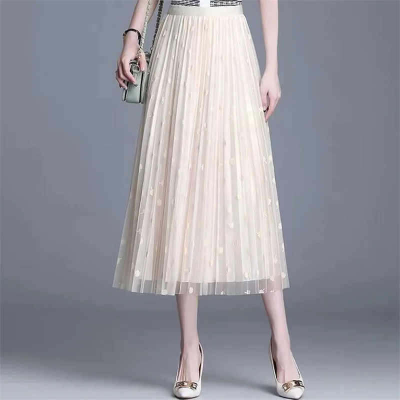 Casual Elegant All-Match Women's Skirt Summer Trend Office Lady's A-Line Skirt High Elastic Waist Sweet Mesh Dot Pleated Skirt