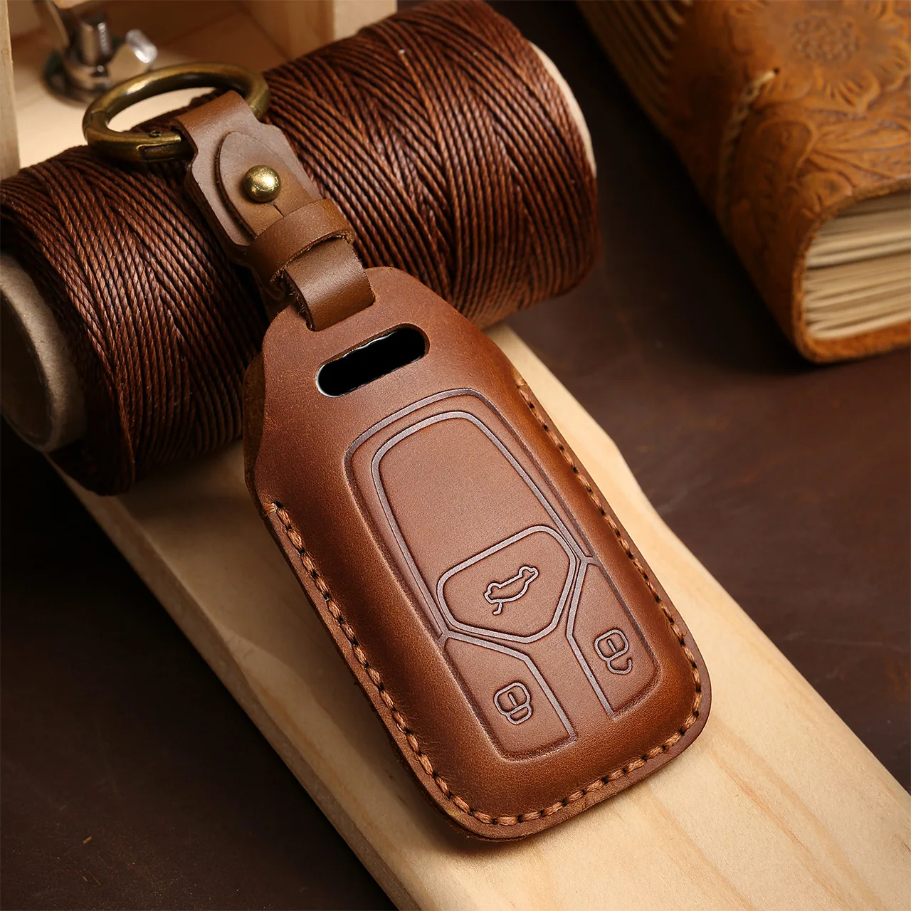 Premium Leather Car Key Case with Keychain