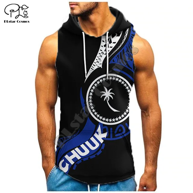 Polynesian Island Chuuk Flag Hibiscus Tattoos Unique Tribal Retro 3DPrint Summer Streetwear Casual Funny Sleeveless Hoodies A3