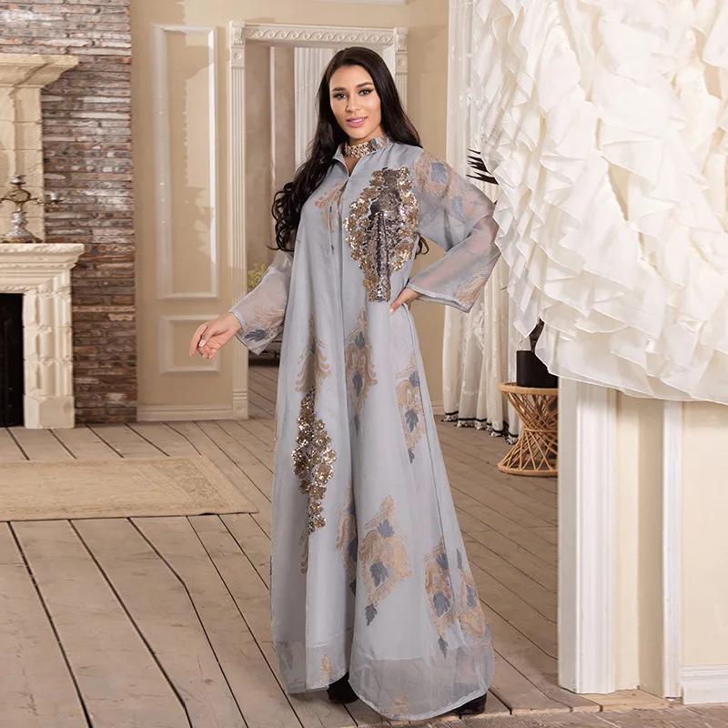 

Women Muslim Evening Dress Sequin Embroidered Mesh Ladies Dress modest dress open abaya dubai formal