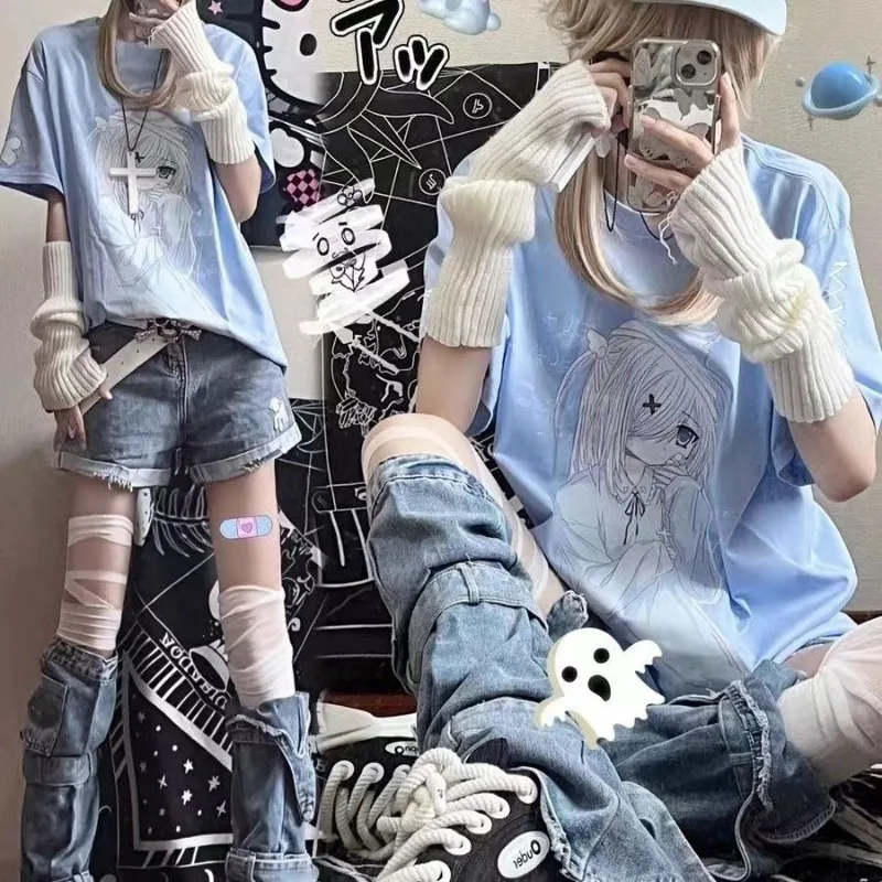 

Japanese Grunge T-shirt Y2k Harajuku Anime T-shirt Aesthetics Tees Short Sleeve Women Kawaii Clothing Vintage Oversized Tops New