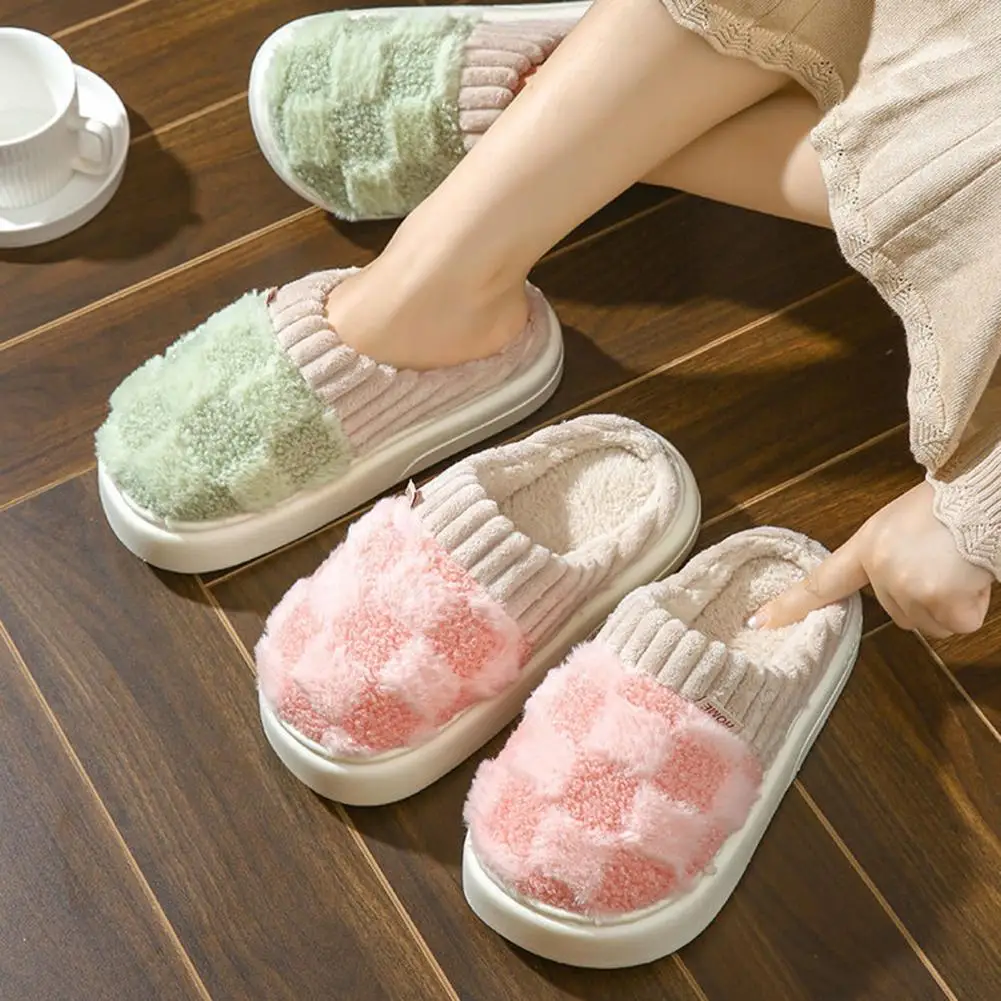 

Plush Slippers Cozy Winter Cotton Slippers with Thick Wear-resistant Sole Anti-skid Warmth Knitted Plush Comfort for Resistant