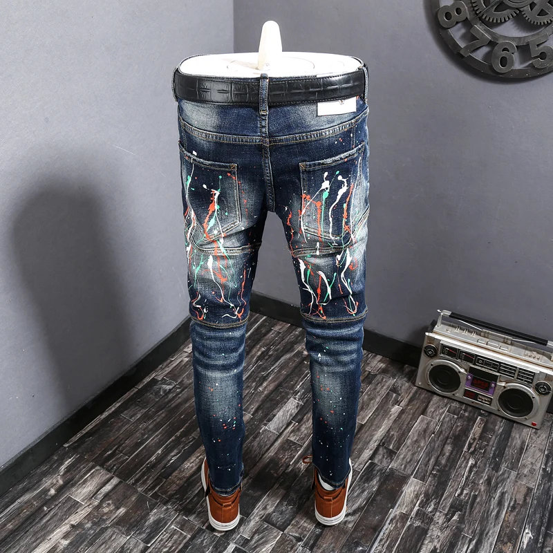 Street Fashion Men Jeans Retro Dark Blue Spliced Designer Elastic Slim Ripped Jeans Men Painted Hip Hop Denim Biker Pants Hombre