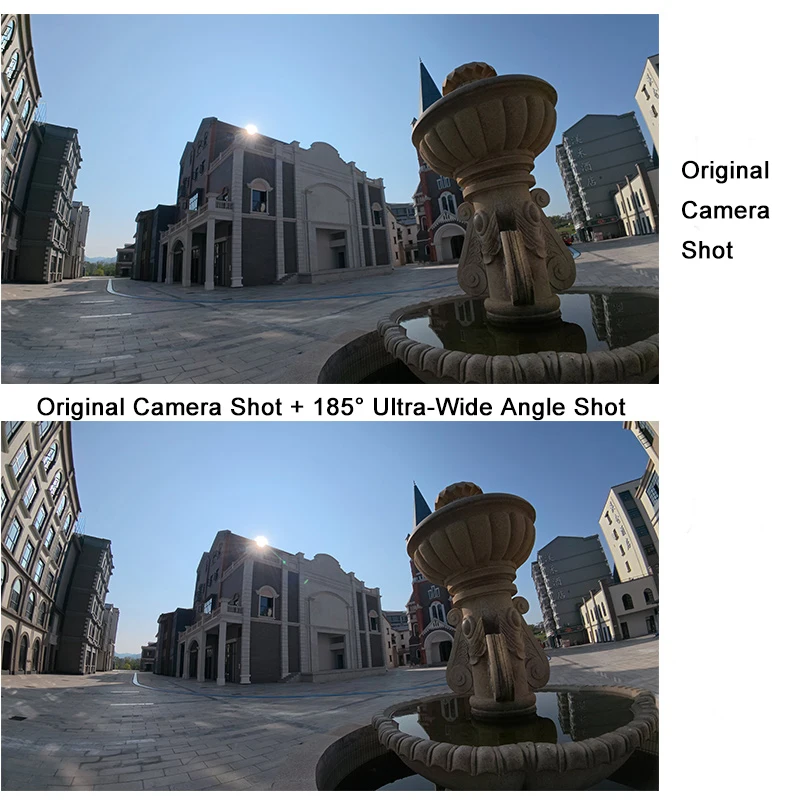 L'objectif grand angle 185° ultra large pour DJI Osmo Action 6 permet de filmer une scène de rue animée avec une perspective élargie.
