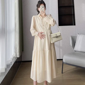 2025 Autumn Maternity Brief Dress Solid Color Long Sleeve Turn-down Collar Plus Size Pregnant Woman Elegant Chiffon Dress Beige