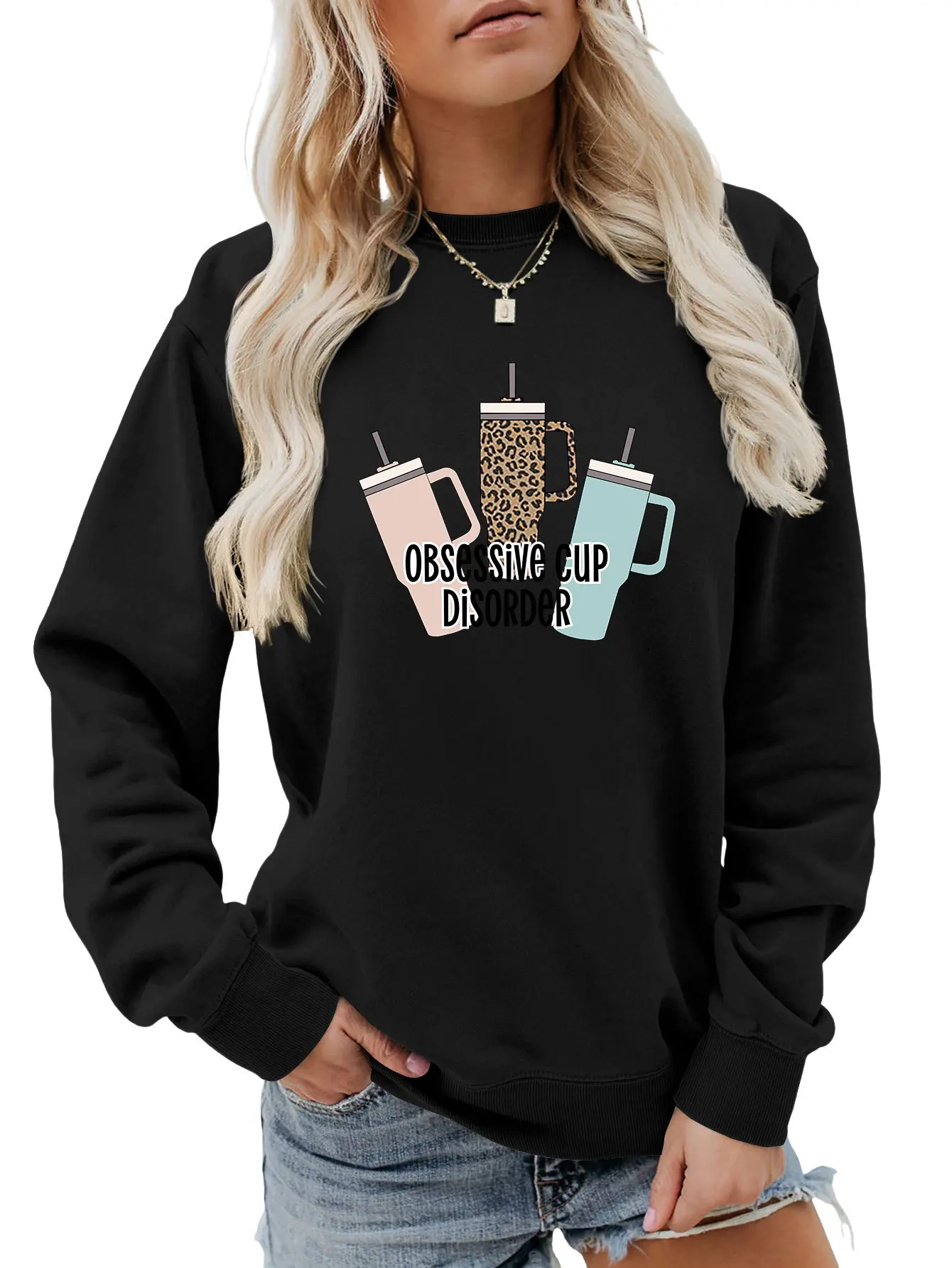 

2023 Autumn New Sweatshirt Obsessive Cup Disorder Printed Versatile Long-Sleeved T-Shirt Casual Fashion Women's Clothing