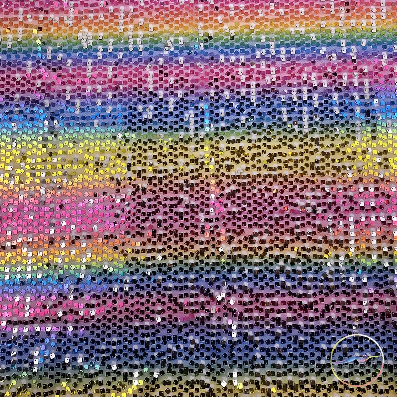 Glitzy Embroidery Rainbow Printed Sequin Stretch Mesh Ground For Clothsing Making Party Events And Dancewear Fabric