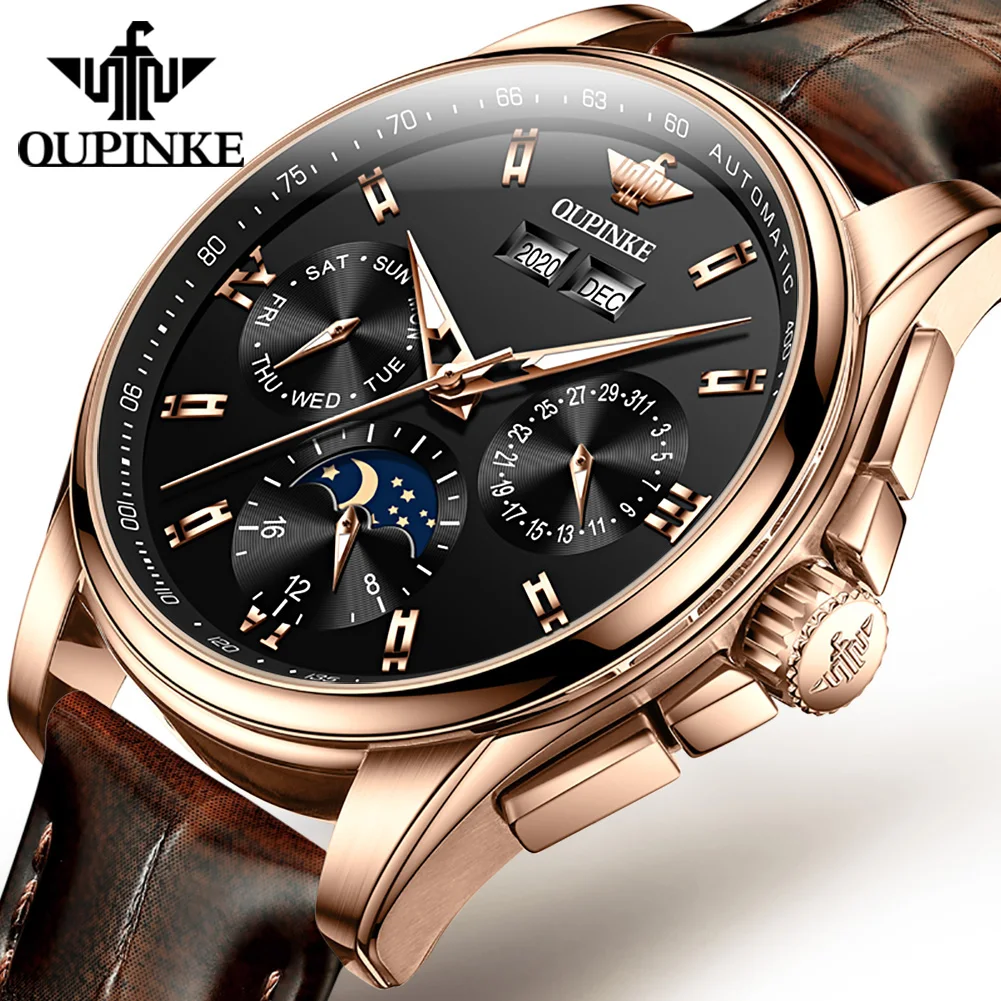 

OUPINKE Top Brands New Men's Wristwatch Automatic Movement Synthetic Sapphire Mechanical Leather Strap Switzerland Men Watch