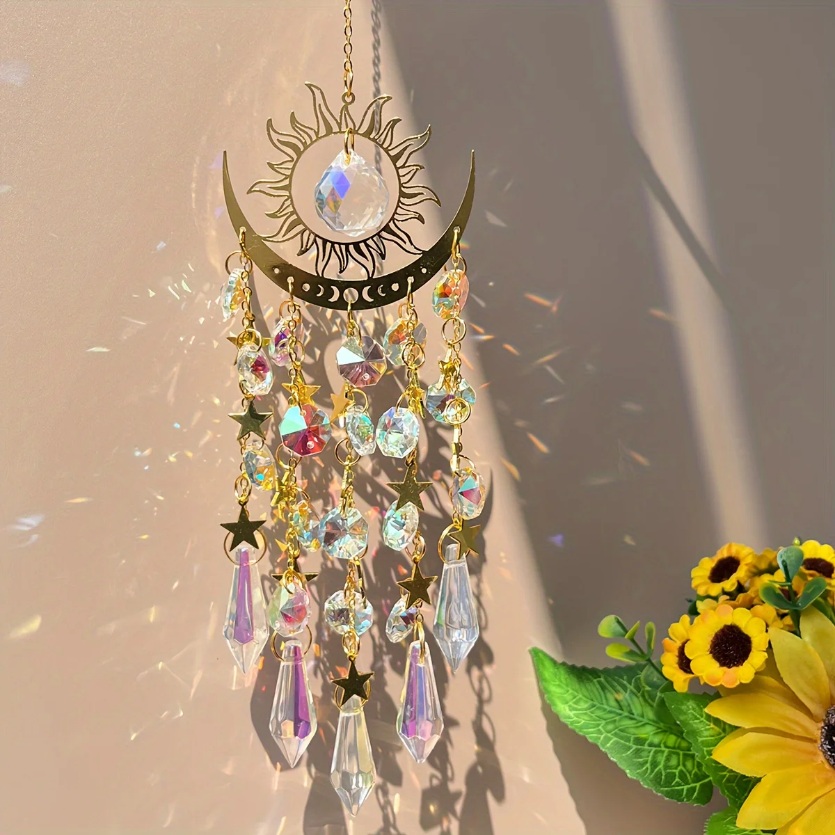 1pcs Crystal Wind Chime Bohemian Glass Iron Moon Light Catcher Hanging Rainbow Prism Pendant Home Window Decoration Gift