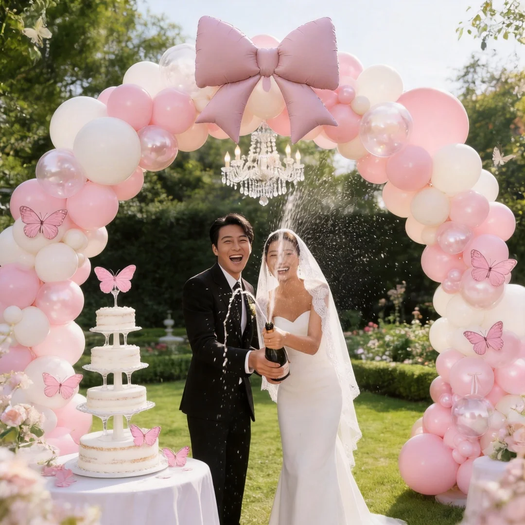 105-teiliges rosa Schleifen-Ballonbogen-Set, 21 Zoll große rosa Schleifen-Folienballons kombiniert mit rosa perlmuttweißen Latexballons, ideal für Hochzeiten, Geburtstage, Jubiläen, Brautpartys und Partydekorationen – Detail 2