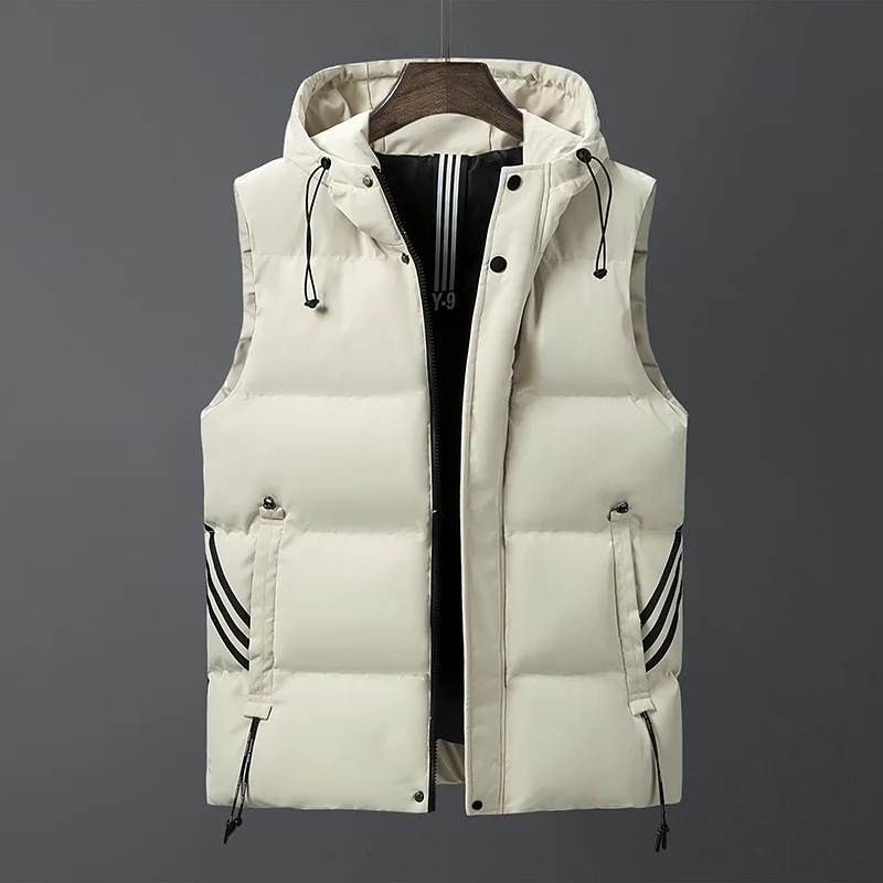 Men's Drawstring Hooded Thick Pocket Solid Color Vests Winter New Fashion Trendy Striped Sleeveless Zipper Button Cardigan Coats