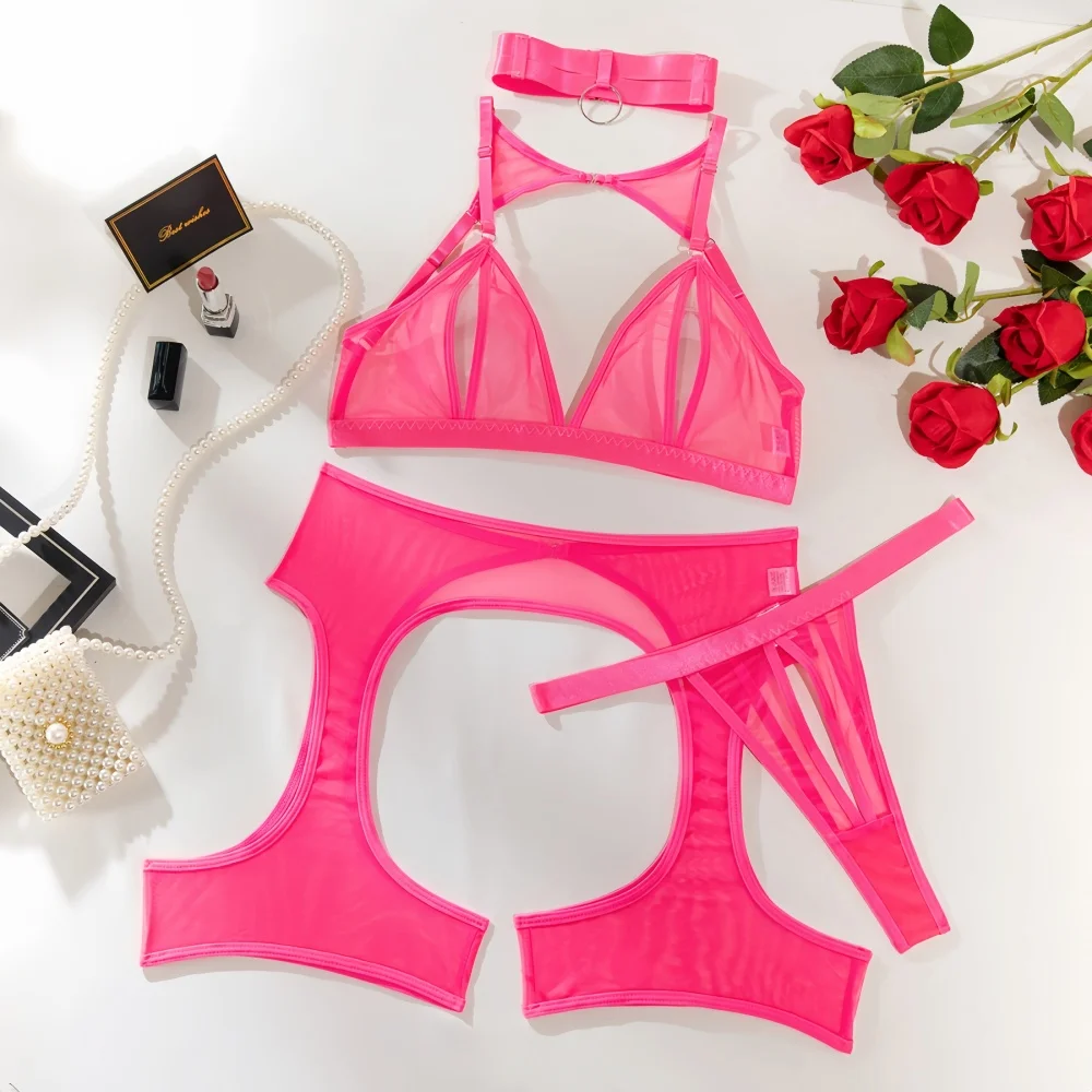 Women Lingerie 4Pcs Sets Mesh Hollow-Out Open Crotch Low-Cut Backless Intimate Set