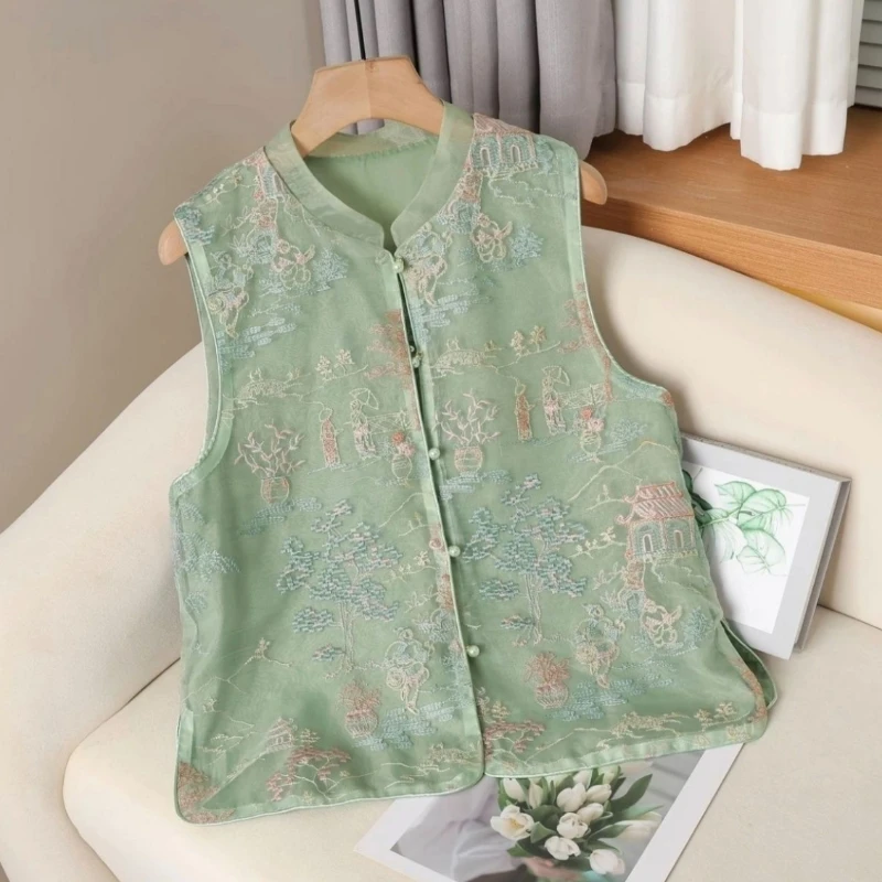 2024 New Spring/Summer Chinese Style Fashion Versatile Tank Top with Half Open Collar Embroidered Spliced Lace Gauze Women's Top