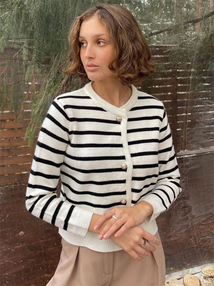 Suéter de punto a rayas, cárdigan, abrigo para mujer, suelto, de manga larga, a la moda, ajustado, con parches en contraste, prendas de vestir exteriores, abrigo de punto de verano