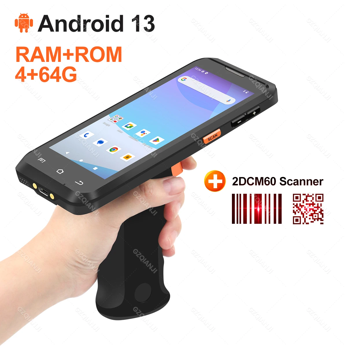 ハンドルグリップハンドル付きバーコードスキャナー、Android 13、1d