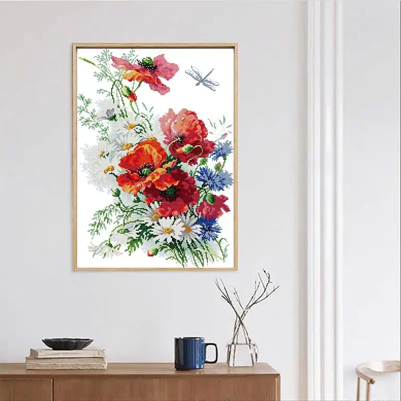 Cross Stitch Kit Daisies and Poppies DIY Floral Pattern Cross Stitch Kit 11CT 14CT 16CT Count Printed Canvas Fabric Needle Thread Embroidery Set