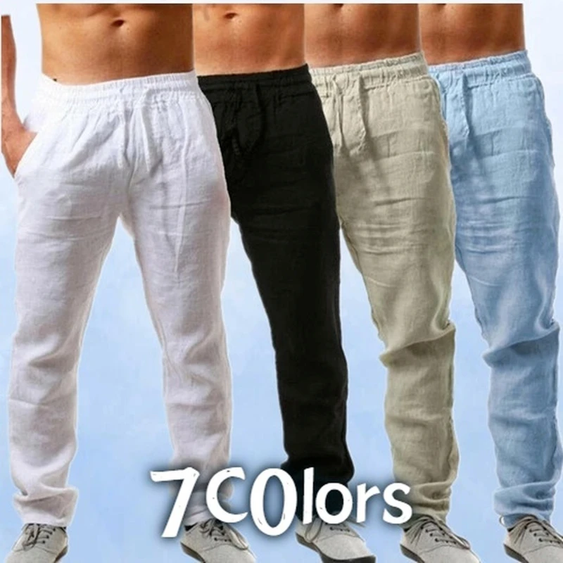New Men's Track Pants Cotton Linen Trousers Male Solid Color Linen ...