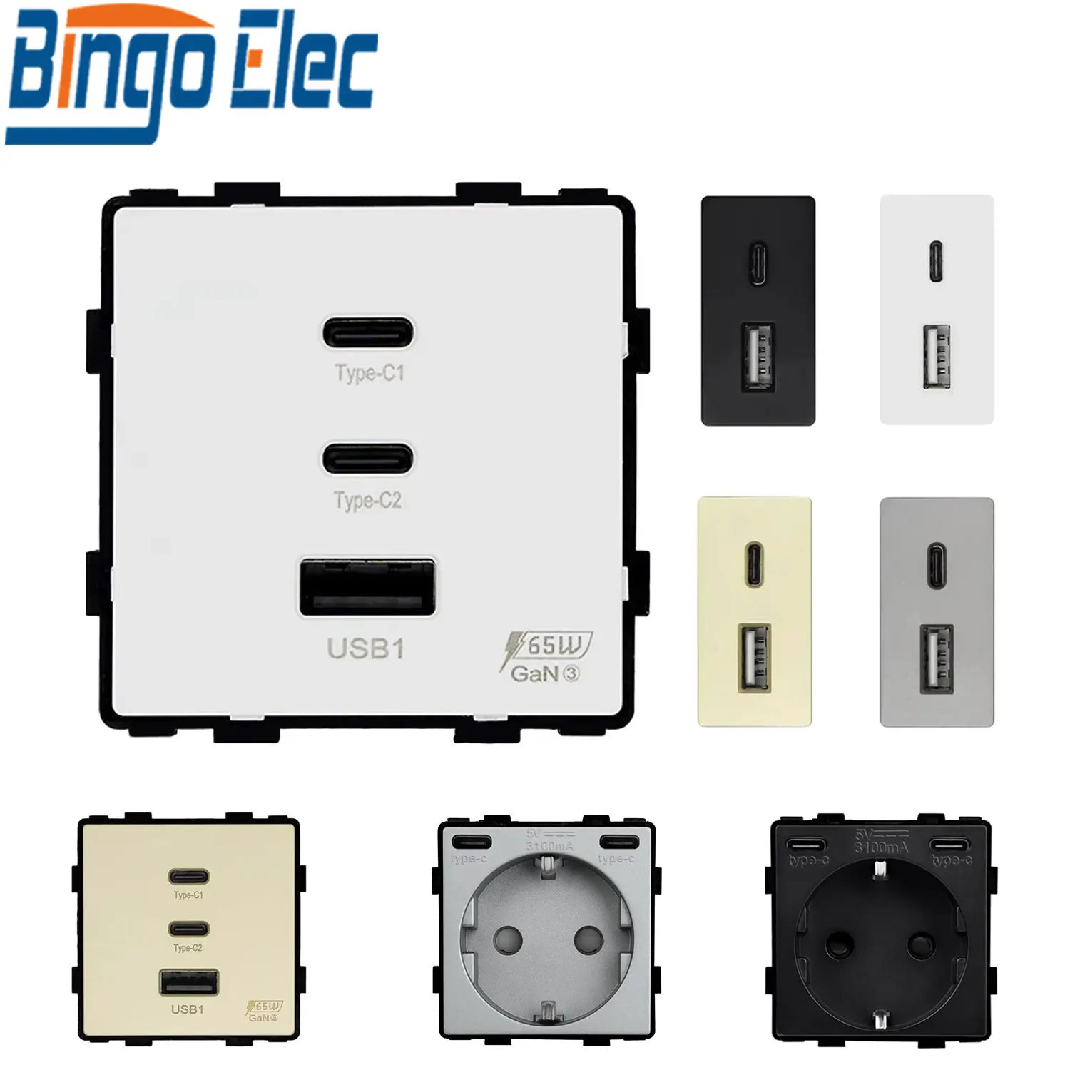 PD Fast Charge Module 65W Quick Charge Socket Part 1/2 USB Type-C 20W Wall Phone Charger Plug Support BINGOELEC Frames wall charger adapter phone charger plug phone charging adapter