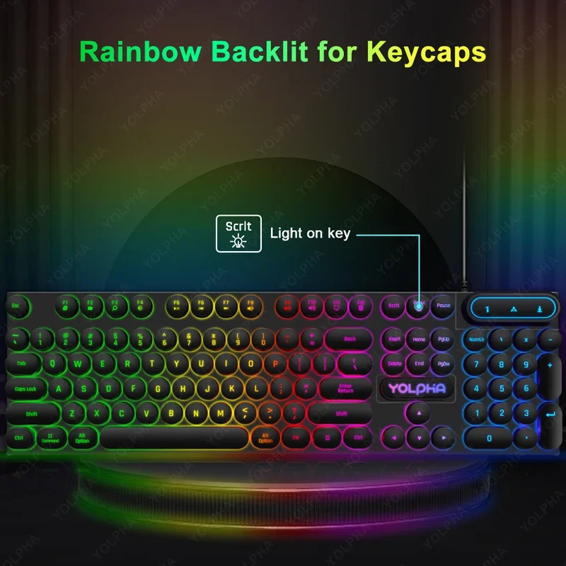 104keys Wired Keyboard QWERTY Layout Membrane Rainbow Backlight RGB Punk Retro Keyboard Gaming for Office PC Study
