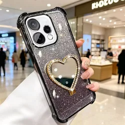 Glitter Heart Mirror Holder Shockproof Phone Case with Bracket for Redmi 15A 5G (Black)