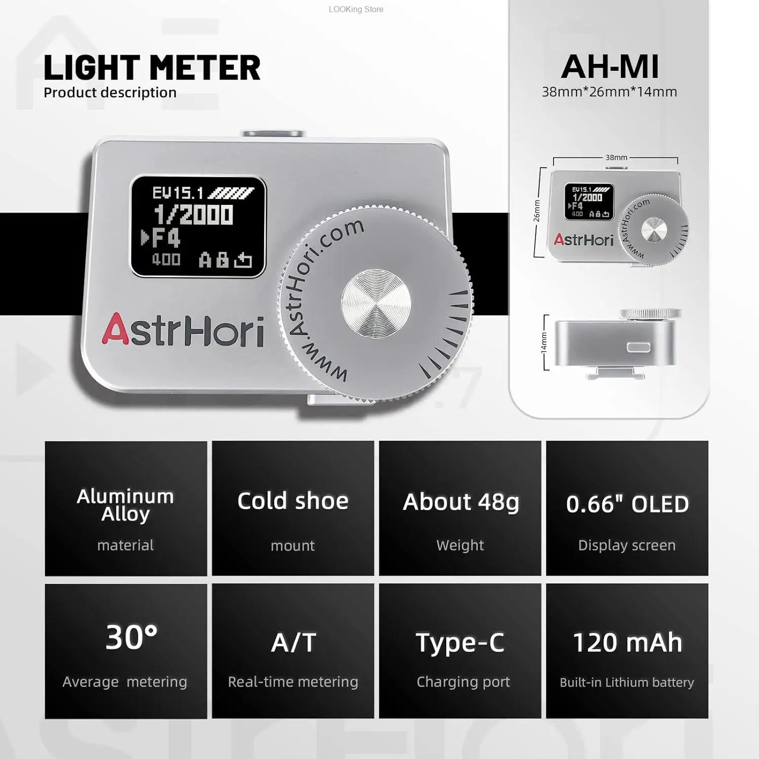 AstrHori AH-M1 카메라 라이트 미터 0.66인치 OLED 스크린 범용 콜드 슈 고정 셔터 사진 촬영 라이트 미터 DSLR 카메라용