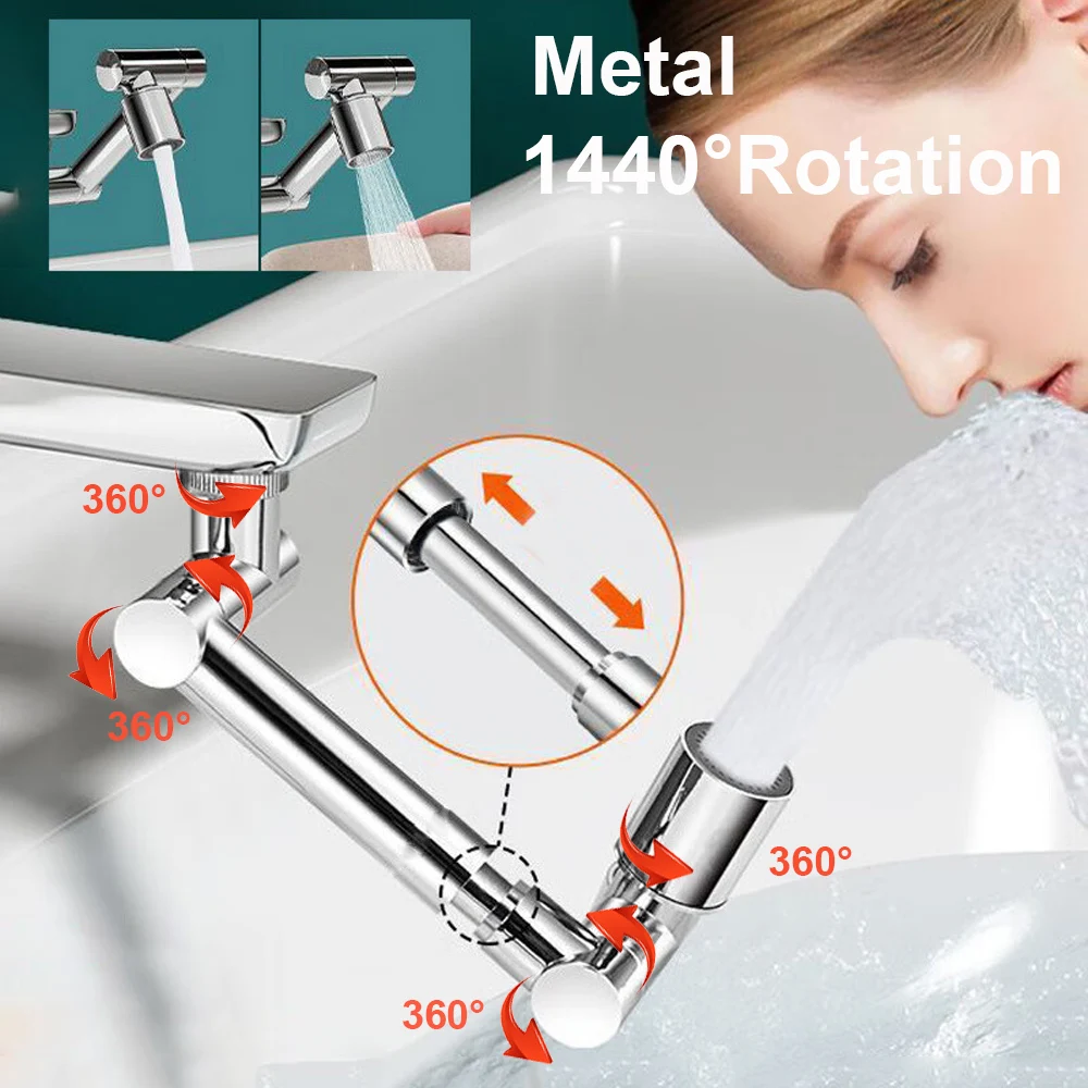 

Metal Faucet Extender 1440° Rotation Tap Aerator 2 Modes Splash Filter Basin Swivel Robotic Arm Faucets Extender