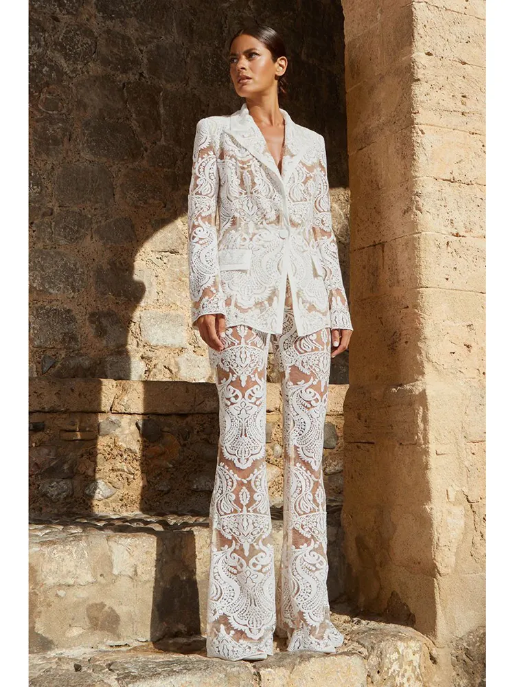 

HIGH STREET Newest 2024 Designer Runway Suit Set Women's Single Button Guipure Lace Sequined Blazer Pants Suit