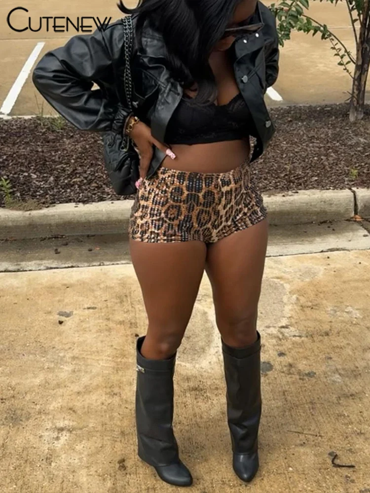 Sisterlinda Popular Women Shorts Fashion Leopard Print High Waist Skinny Mini Bottoms Shiny Sequins Female Attractive Streetwear
