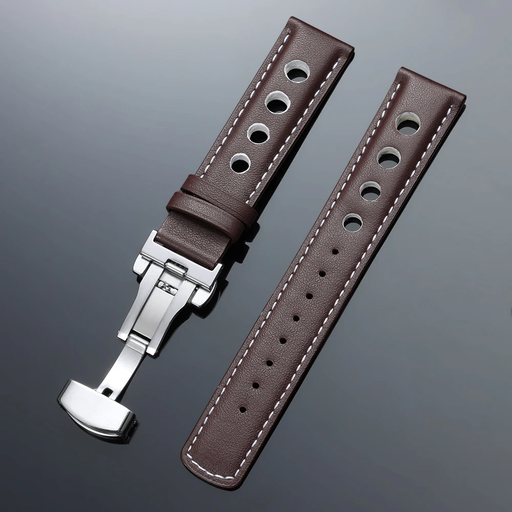 Vintage Genuine Leather Watchband with Butterfly Clasp - Fashionable 20mm Cowhide Strap