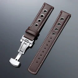 Vintage Genuine Leather Watchband with Butterfly Clasp - Fashionable 20mm Cowhide Strap - Silver Buckle (Brown White)