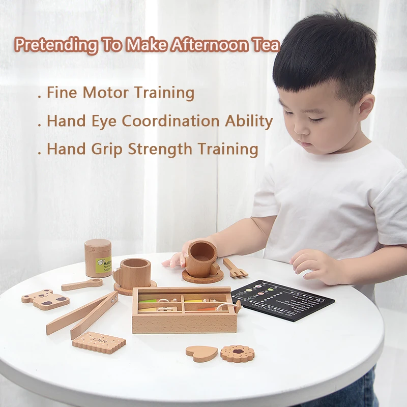 Wooden Pretend Play Food Kitchen Toys Biscuit Coffee Afternoon Tea Set Kids House Play Educational Cooking Game Toys for Girls