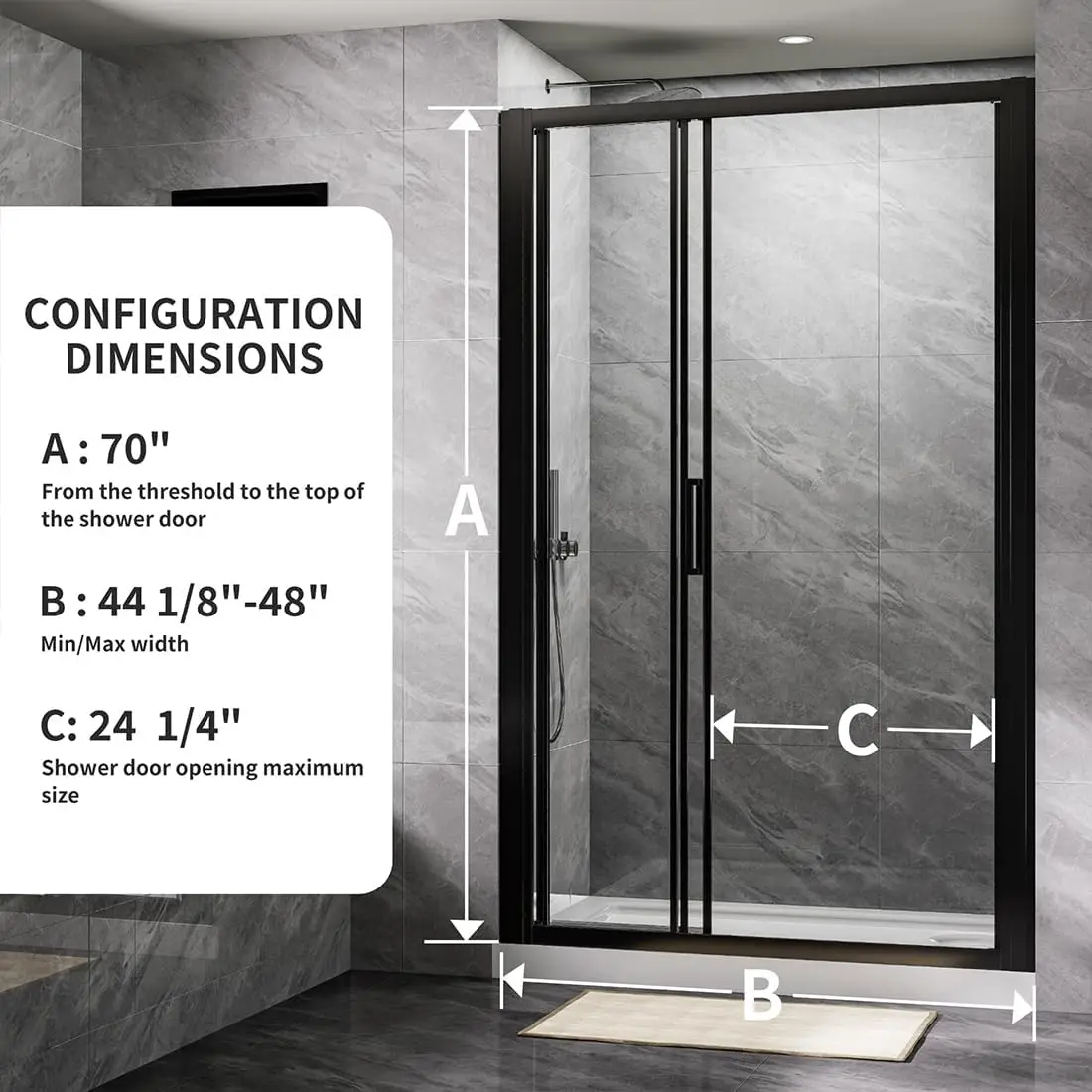 44""-48"" W X70 H Tri-Fold Sliding Shower Door, Glass Shower Door With 1/4"" (6Mm) Clear Sgcc Tempered Glass,Matte Black 4