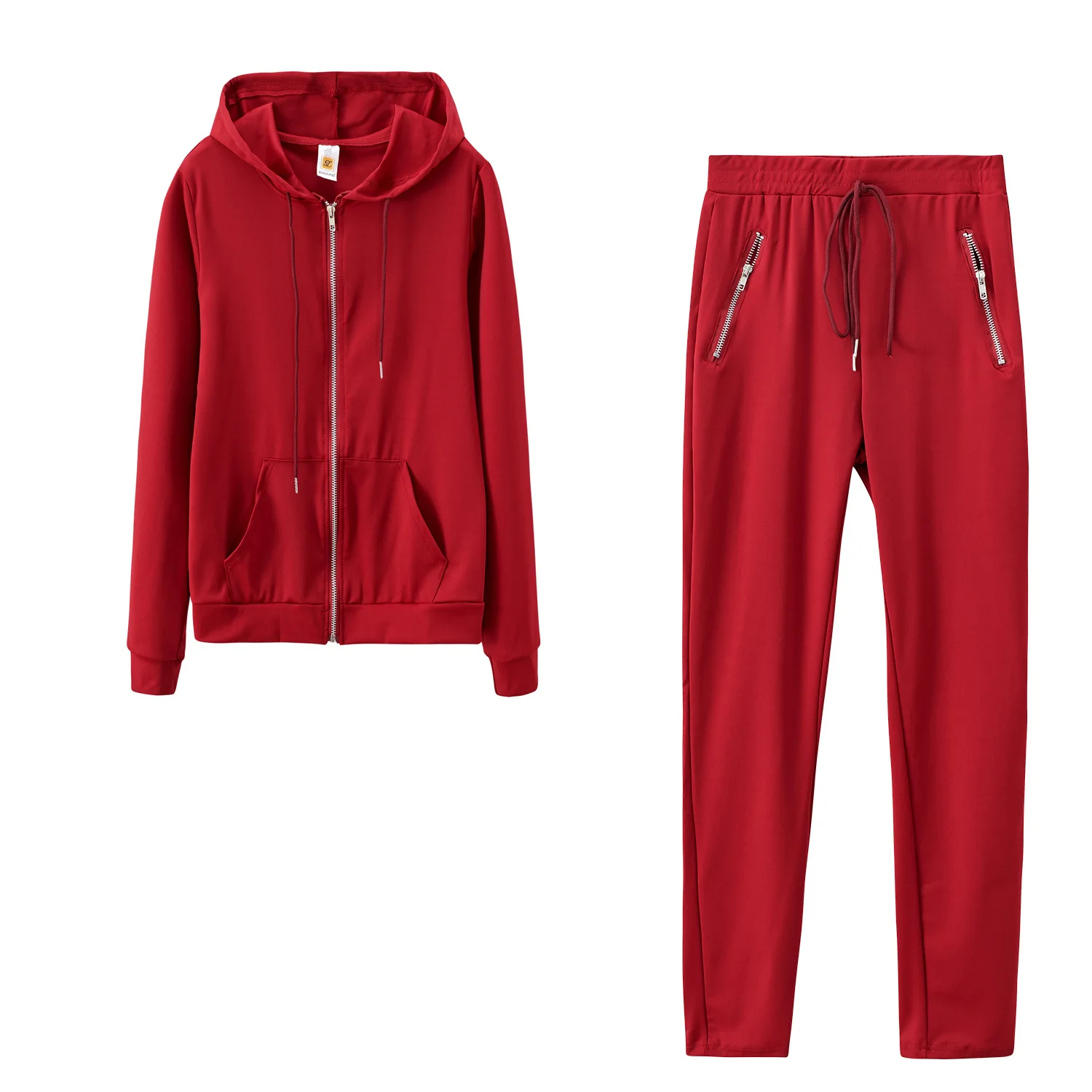 Spring 2022 European and American women's fashion sports casual solid color suit personalized zipper pocket two-piece set custom hoodies