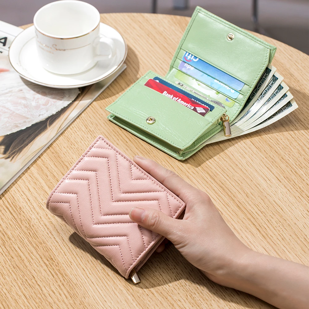 

Luxury Quilted Design Women Sheepskin Genuine Leather Wallet Fashion Stripe Card Holder Zipper Female High Quality Coin Purse