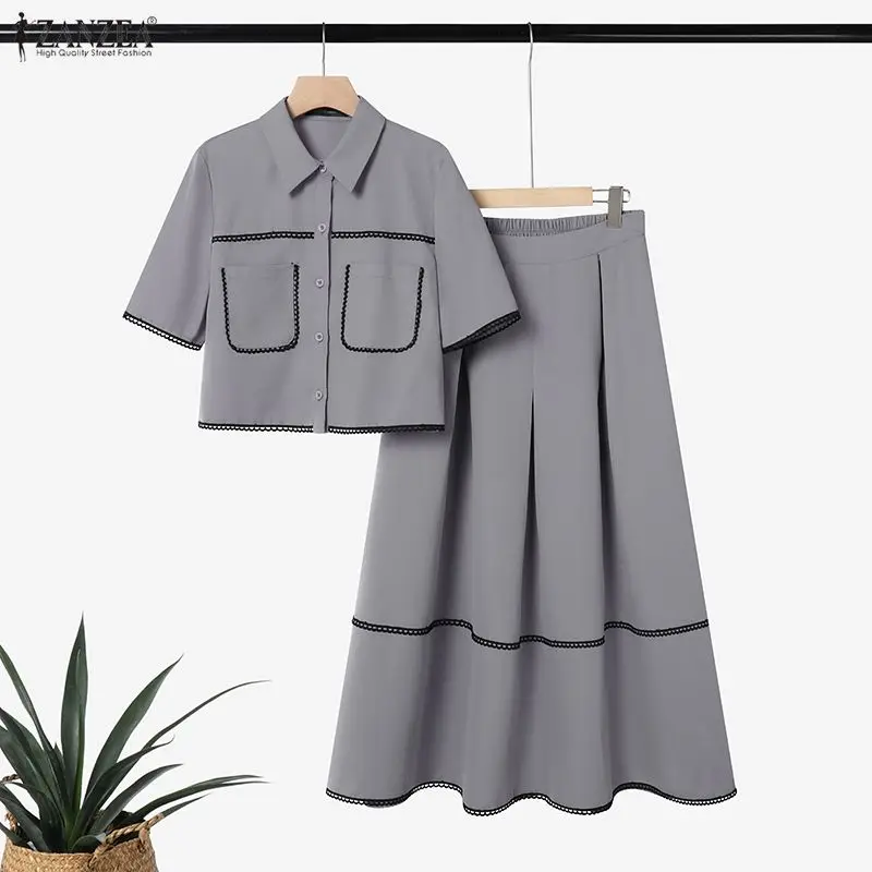 2026 Sommer-Outfits ZANZEA Damen Patchwork 2-teilige Sets Elegantes Hemd mit Reverskragen und Kurzarm A-Linien-Kleid Passende Sets – Detail 16
