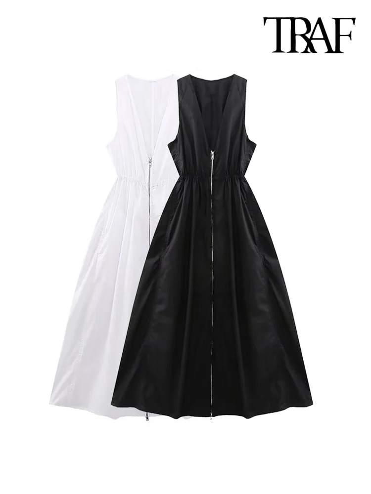 TRAFWomenFashionFrontZipperPoplinMidiDressVintageSleevelessElasticWaistFemale